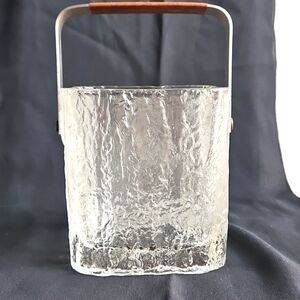 Vtg Hoya Glacier Ice Bucket Barware MCM Frosted Glass Clear Glass W Metal Handle